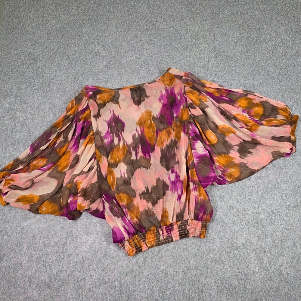 Vintage Y2K Myth Batwing Top Dolman Sleeve Smocked Waist Watercolor Blouse Large